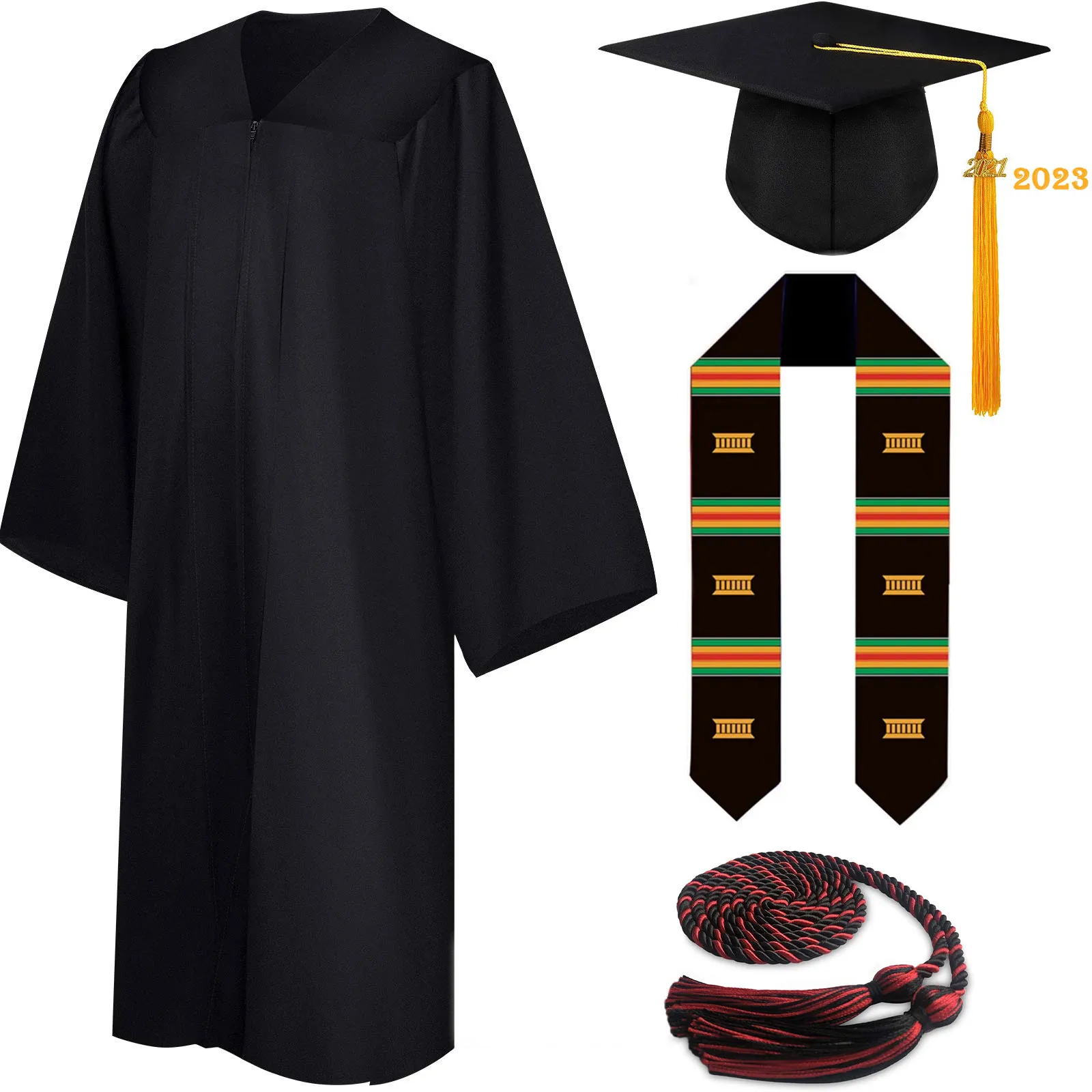 Bachelor’s Graduation Gown with Tasseled Cap, Embroidered Stole, and Honor Cords 5 Deluxe Slotted Black Bachelor’s Graduation Gown and Cap