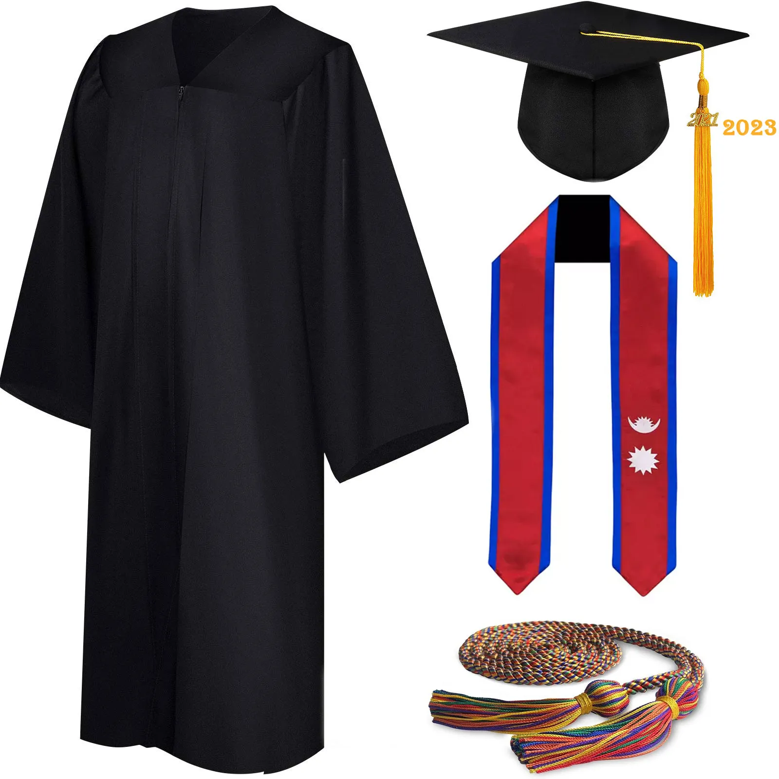 Bachelor’s Graduation Gown with Tasseled Cap, Embroidered Stole, and Honor Cords 3 Deluxe Slotted Black Bachelor’s Graduation Gown and Cap