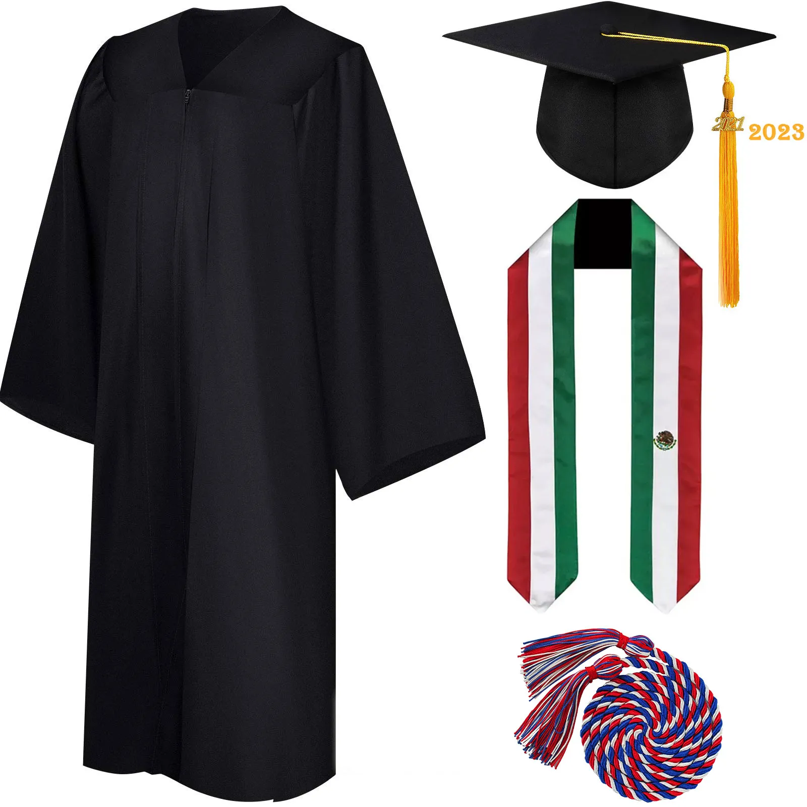 Bachelor’s Graduation Gown with Tasseled Cap, Embroidered Stole, and Honor Cords 4 Deluxe Slotted Black Bachelor’s Graduation Gown and Cap