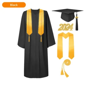 Bachelor’s Graduation Gown with Tasseled Cap, Gold Stole, and Honor Cords